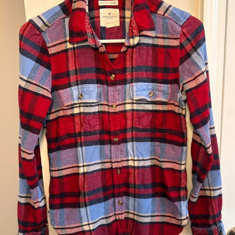 American Eagle Red Blue Plaid Flannel Shirt Ahh-Mazingly Soft Classic Fit XS